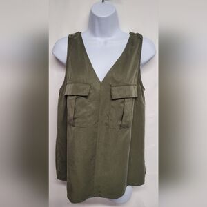 BCBG S Olive Green Utility Top Shirt V Neck Two Classic Pockets New w/o tags